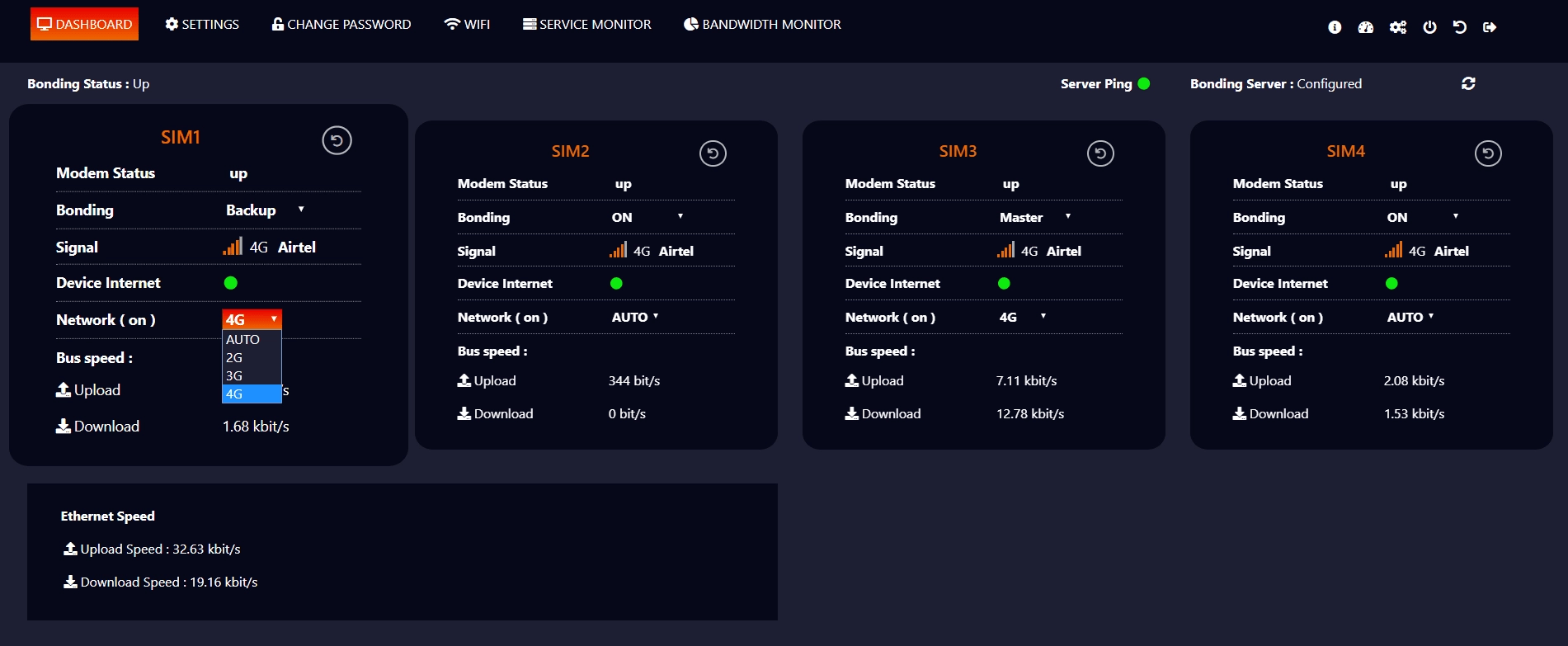 SIM1 network selector open showing AUTO, 2G, 3G and 4G options