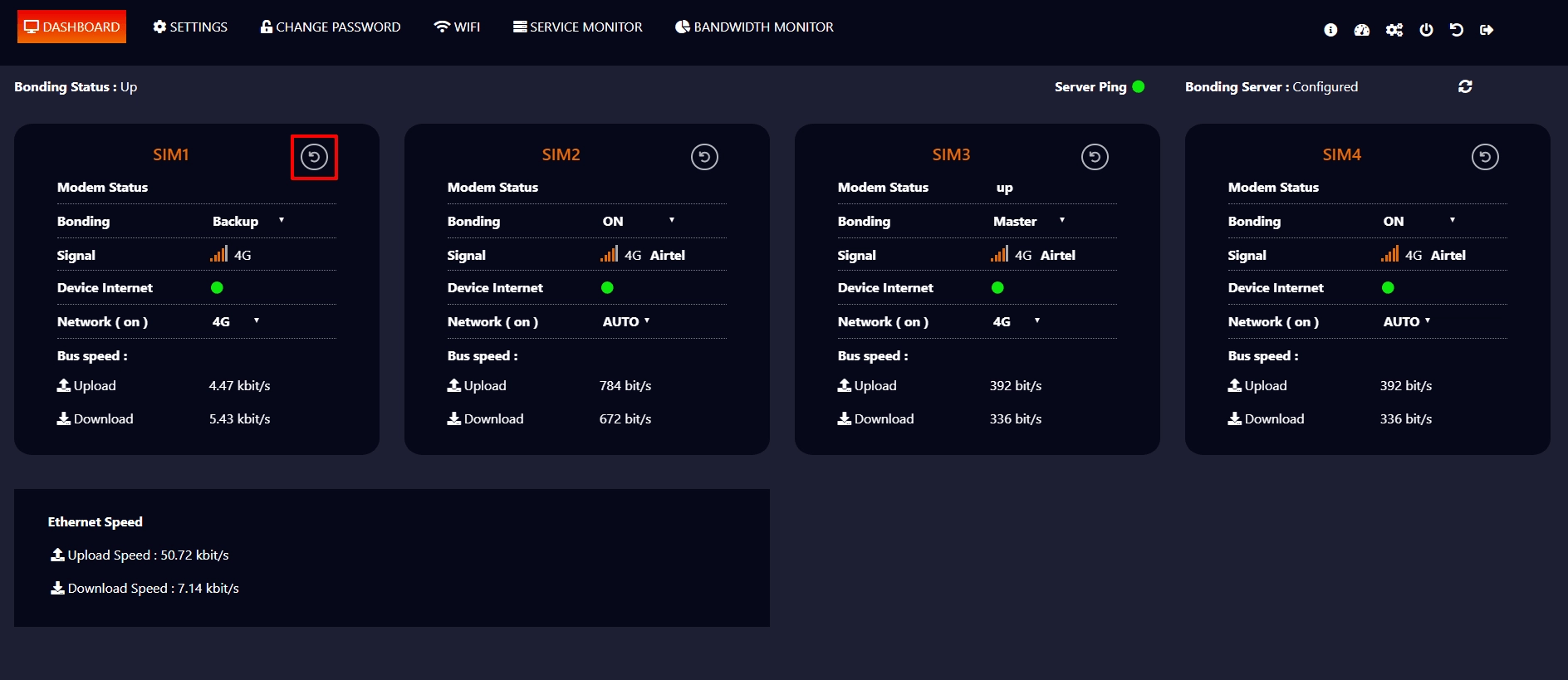 Dashboard showing each SIM panel with its reboot control