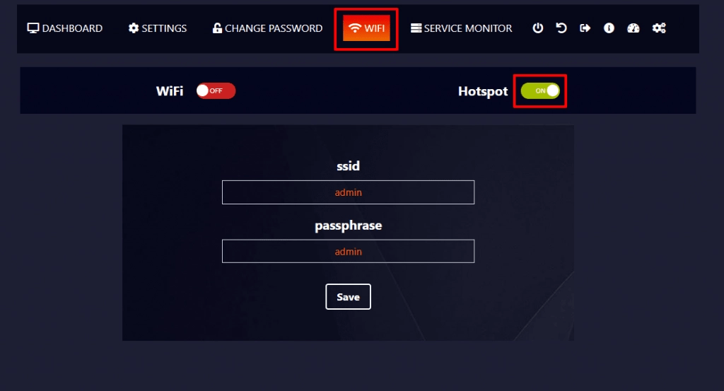 Hotspot toggle turned on, with the ssid and passphrase fields and a Save button