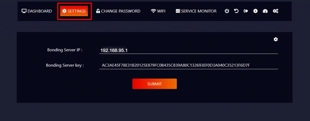 Settings page with Bonding Server IP and Bonding Server key fields and a Submit button