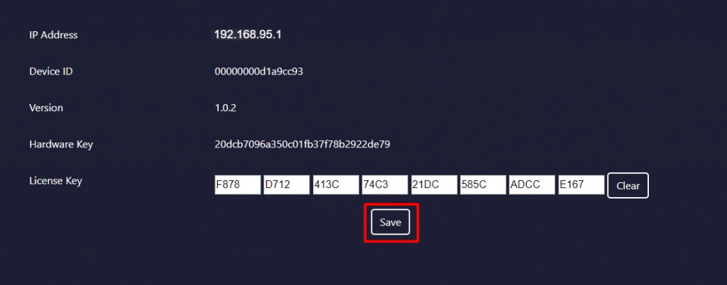 License Key entered across the key fields with the Save button highlighted