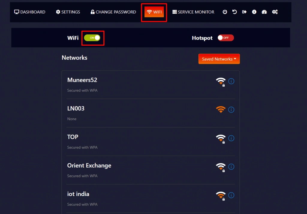 Wi-Fi toggle turned on, listing the available networks the device can join