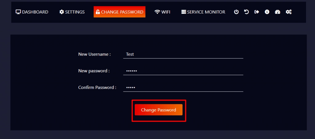 Change Password screen with the new username, password and confirm password fields