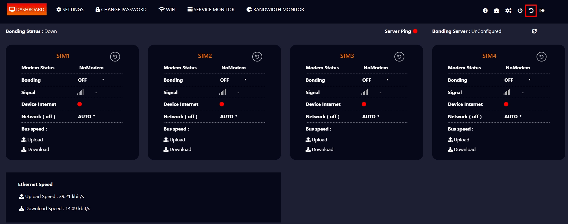 Bonding device dashboard showing the SIM panels and bonding status