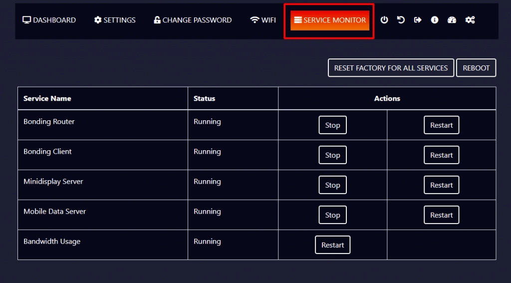 Service Monitor page listing the running services with their status