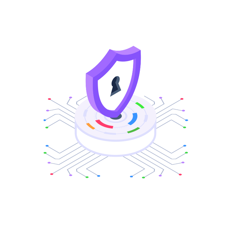 A shield standing over a circuit board, ringed by the snooping, address pool and authorization controls